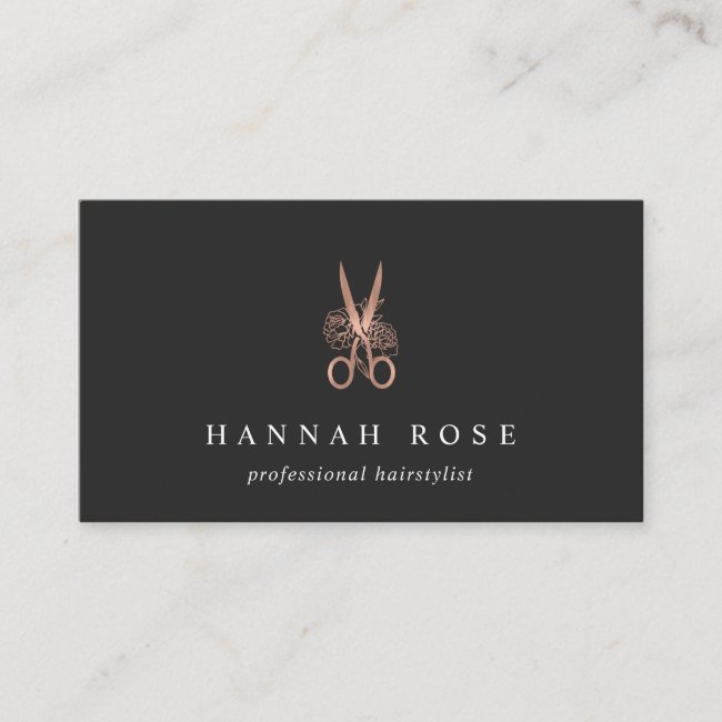 Rose Gold Floral Scissors Logo Hairstylist Business Card