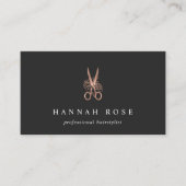 Rose Gold Floral Scissors Logo Hairstylist Business Card (Front)