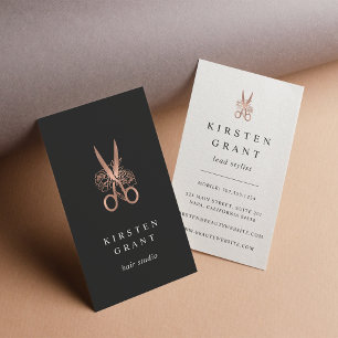 Rose Gold Floral Scissors Logo Hairstylist Business Card