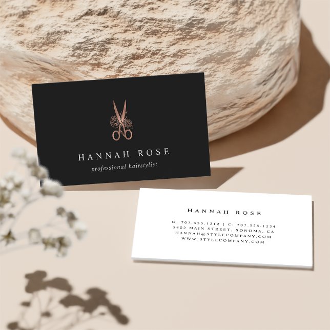 Rose Gold Floral Scissors Logo Hairstylist Business Card