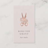 Rose Gold Floral Scissors Logo Hairstylist Business Card (Front)