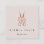 Rose Gold Floral Scissors Logo Hairstylist Square Business Card (Front)
