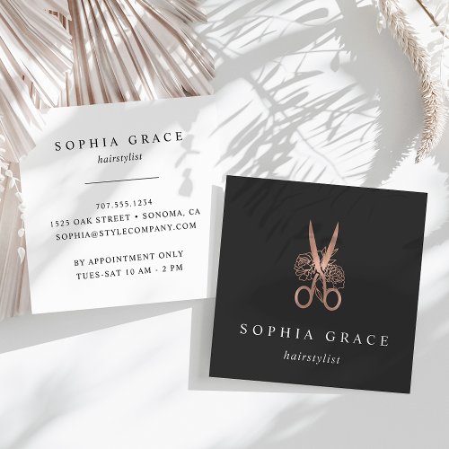 Rose Gold Floral Scissors Logo Hairstylist Square Business Card