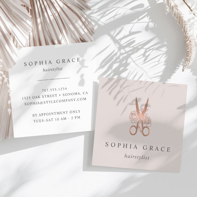 Rose Gold Floral Scissors Logo Hairstylist Square Business Card
