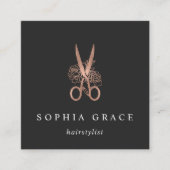 Rose Gold Floral Scissors Logo Hairstylist Square Business Card (Front)