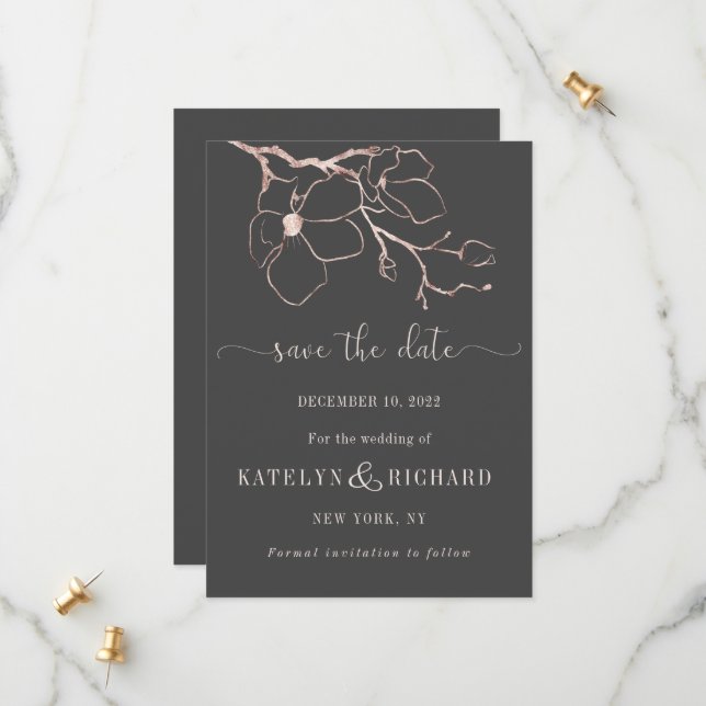 Rose gold floral silhouette Save The Date Card (Front/Back In Situ)