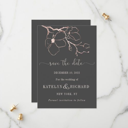 Rose gold floral silhouette Save The Date Card
