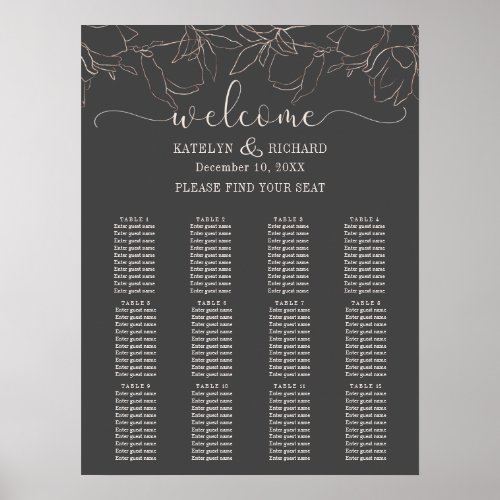 Rose gold floral silhouette Seating Chart
