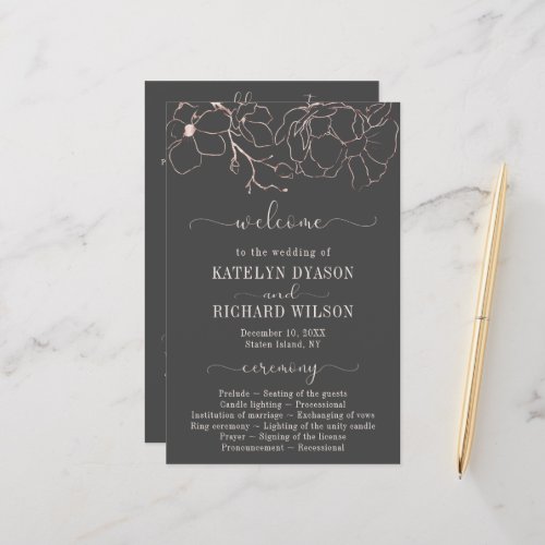 Rose gold floral silhouette Wedding Program
