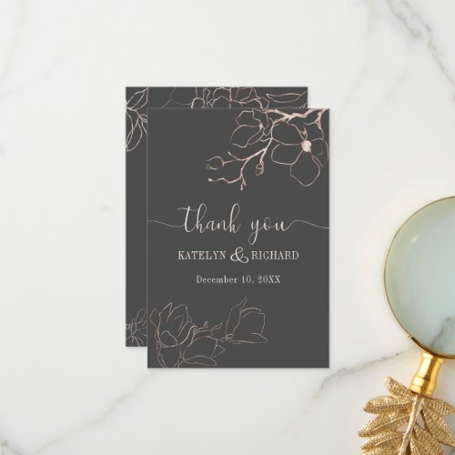 Rose gold floral silhouette wedding Thank You Card