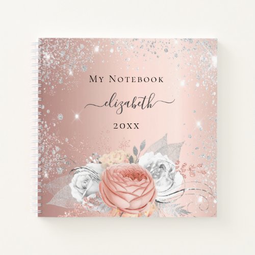 Rose gold floral silver foliage glitter name notebook
