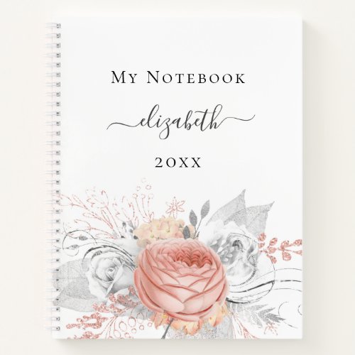 Rose gold floral silver foliage white name notebook