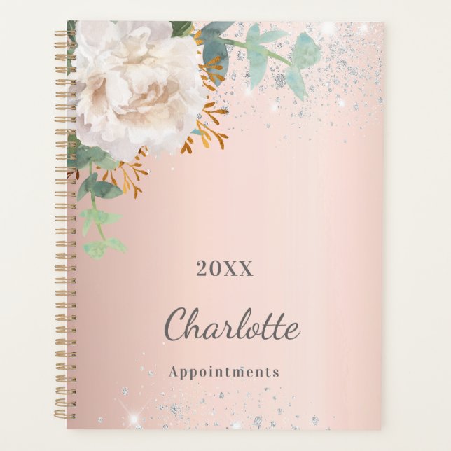 Rose gold floral silver glitter monogram planner (Front)