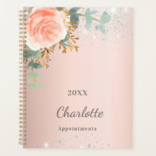 Rose gold floral silver glitter monogram planner