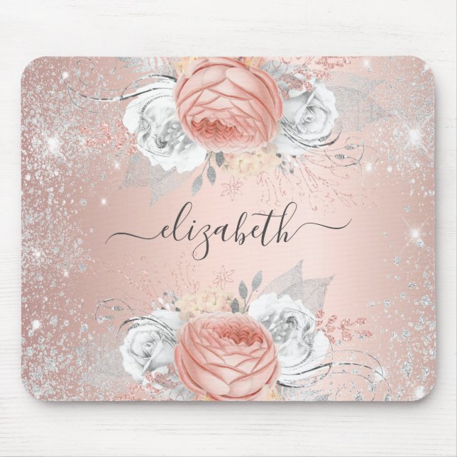 Rose gold floral silver glitter name mouse pad (Front)