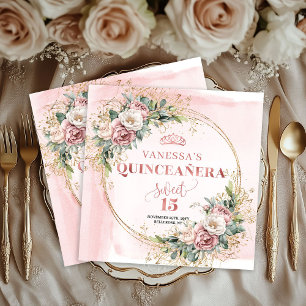 Rose Gold Floral Sweet 15 Birthday Party Napkins