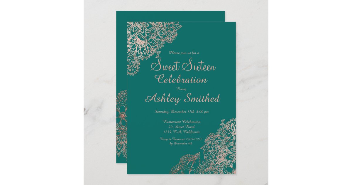 Rose Gold Floral Sweet 16 Emerald Green Invitation Zazzle