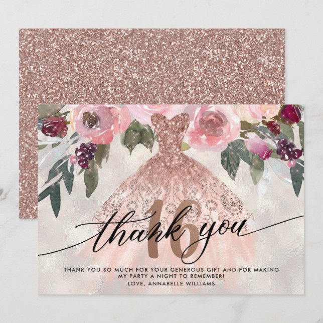 Rose Gold Floral Sweet 16 Thank You (Front/Back)