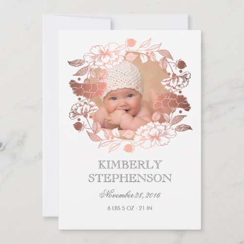 Rose Gold Floral Sweet Newborn Baby Photo Birth Announcement - Rose gold and white fabulous newborn baby birth photo announcement with cute peony blossoms floral wreath