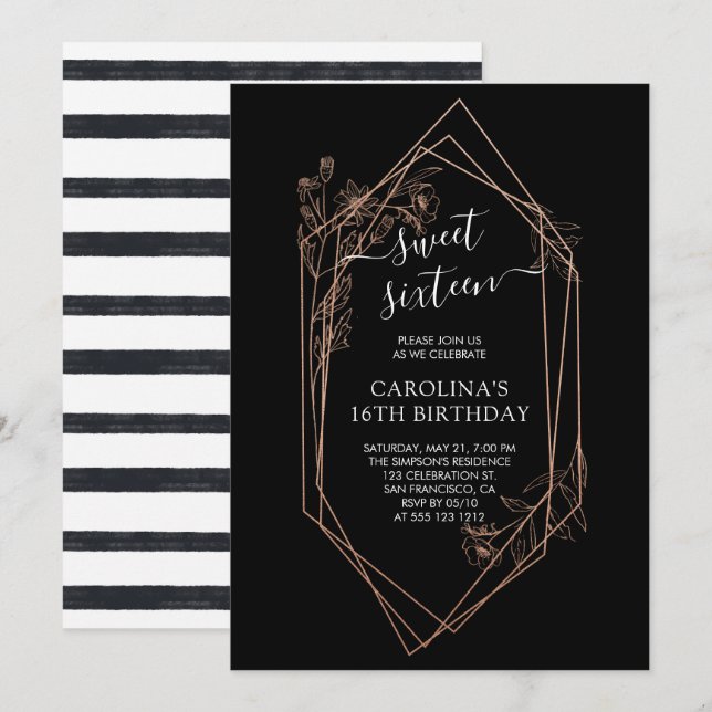 Rose Gold Floral Sweet Sixteen 16th Birthday Invitation (Front/Back)