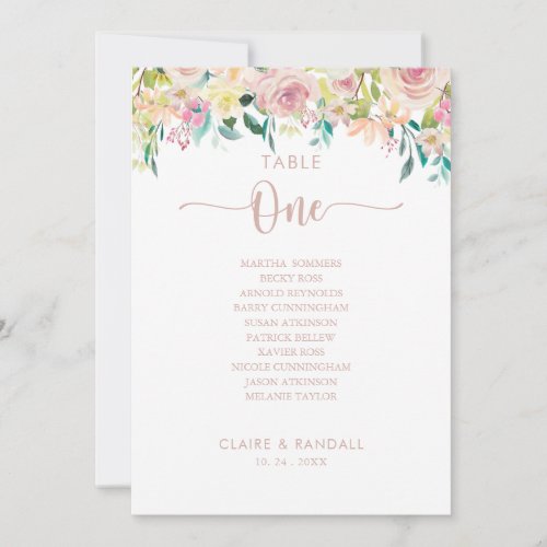 Rose Gold Floral Table Number 1 Seating Chart