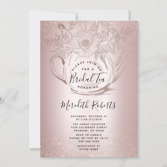 Rose Gold Floral Teapot Blush Foil Bridal Tea Invitation (Front)
