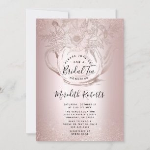 Rose Gold Floral Teapot Blush Foil Bridal Tea Invitation