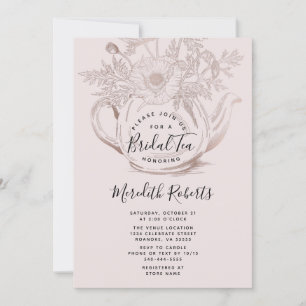 Rose Gold Floral Teapot Blush Pink Bridal Tea Invitation