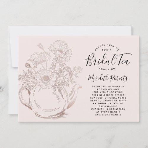 Rose Gold Floral Teapot Blush Pink Bridal Tea Invitation