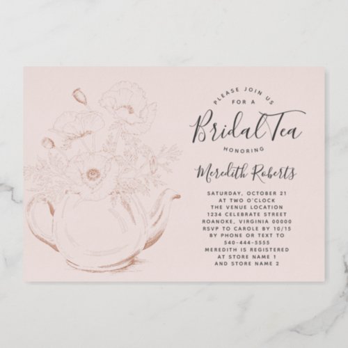 Rose Gold Floral Teapot Blush Pink Bridal Tea Real Foil Invitation