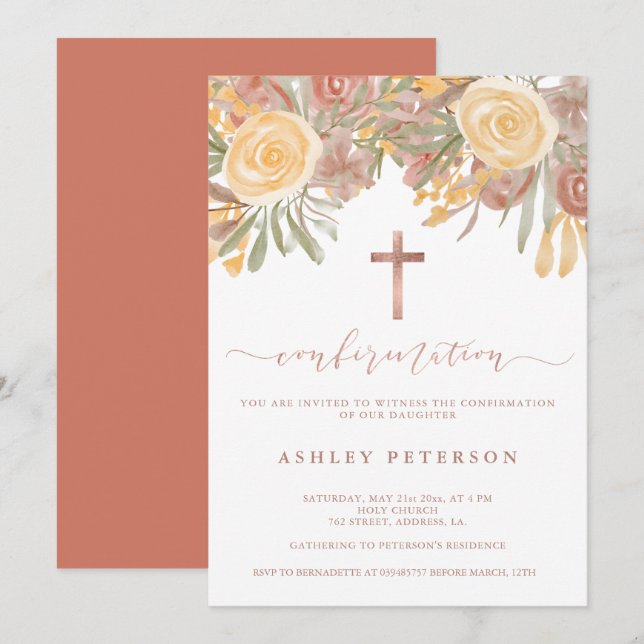 Rose gold floral terracotta green confirmation invitation (Front/Back)