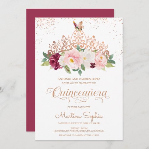 Rose Gold Floral Tiara  Butterfly Quinceanera Invitation