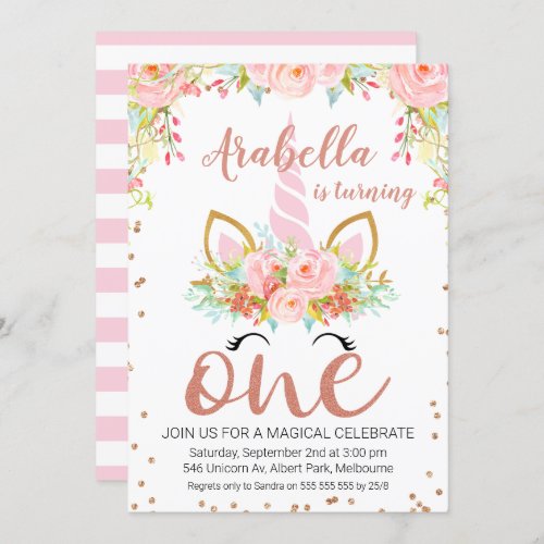 Rose Gold Floral Unicorn 1st Birthday Invitation