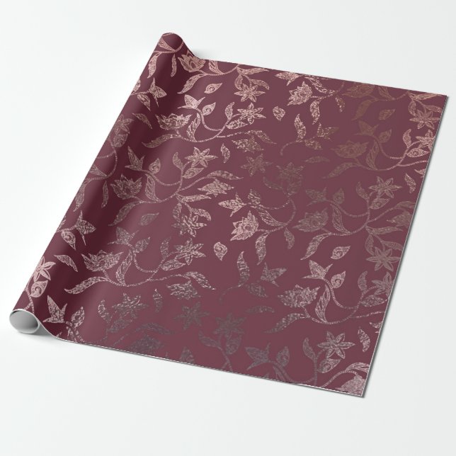 Rose Gold Floral Vine Pattern on Deep Burgundy Wrapping Paper (Unrolled)