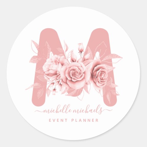 Rose Gold Floral Watercolor Monogram Classic Round Sticker