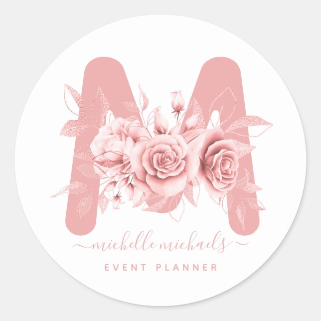 Rose Gold Floral Watercolor Monogram Classic Round Sticker (Front)