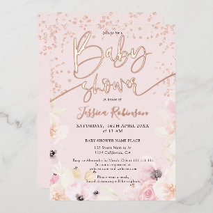 Rose Gold floral watercolor pink baby shower Foil Invitation