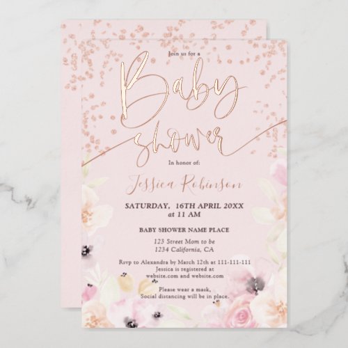 Rose Gold floral watercolor pink baby shower Foil Invitation