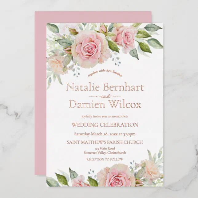 Rose Gold Floral Wedding Foil Invitation 