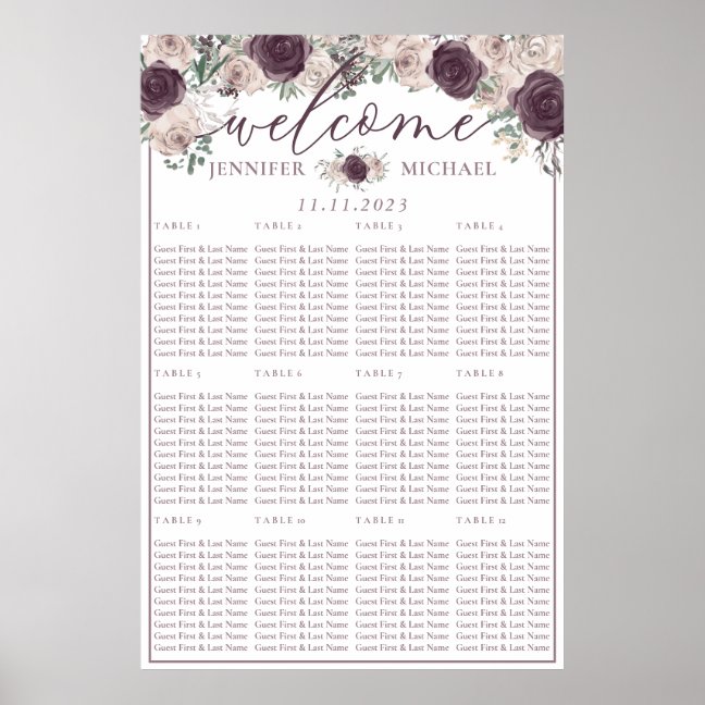 Rose gold Floral Wedding Seating List Table Number Poster