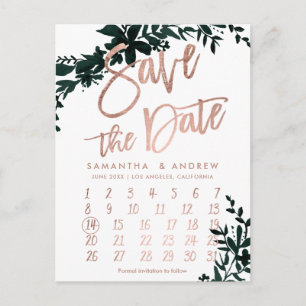 Rose gold floral white calendar save the date announcement postcard