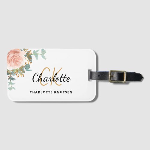 Rose gold floral white monogram name luggage tag