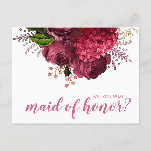 Rose gold floral will you be my maid of honor invitation postcard
