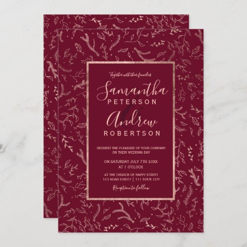 Rose Gold floral winter burgundy script wedding Invitation