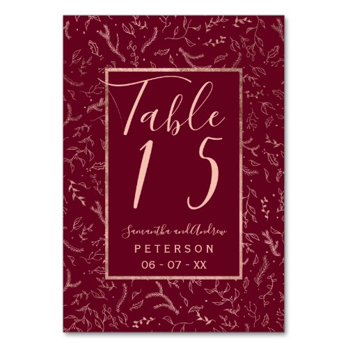 Rose Gold floral winter red script wedding table Table Number