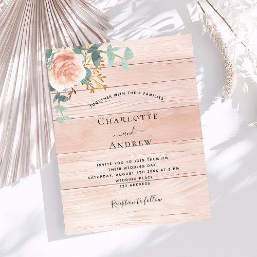 Rose gold floral wood budget wedding invitation