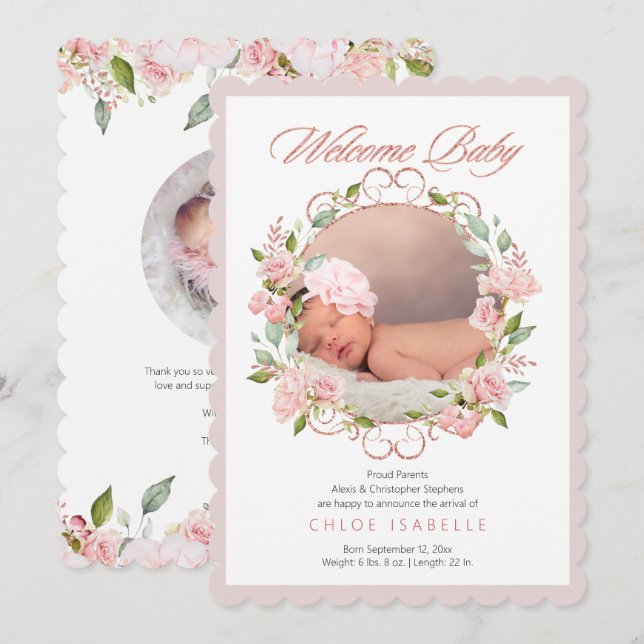Rose Gold Floral Wreath 2 Photo Baby Girl Birth Announcement (Front/Back)