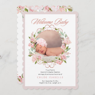 Rose Gold Floral Wreath 2 Photo Baby Girl Birth Announcement