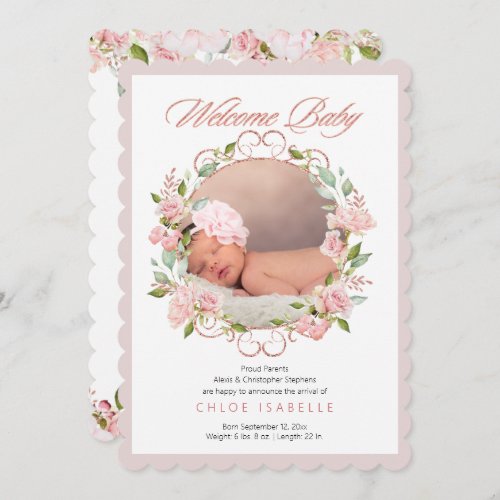 Rose Gold Floral Wreath 2 Photo Baby Girl Birth Announcement