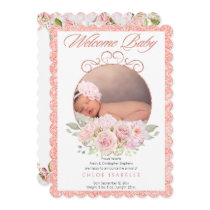 Rose Gold Floral Wreath 2 Photo Baby Girl Birth Announcement